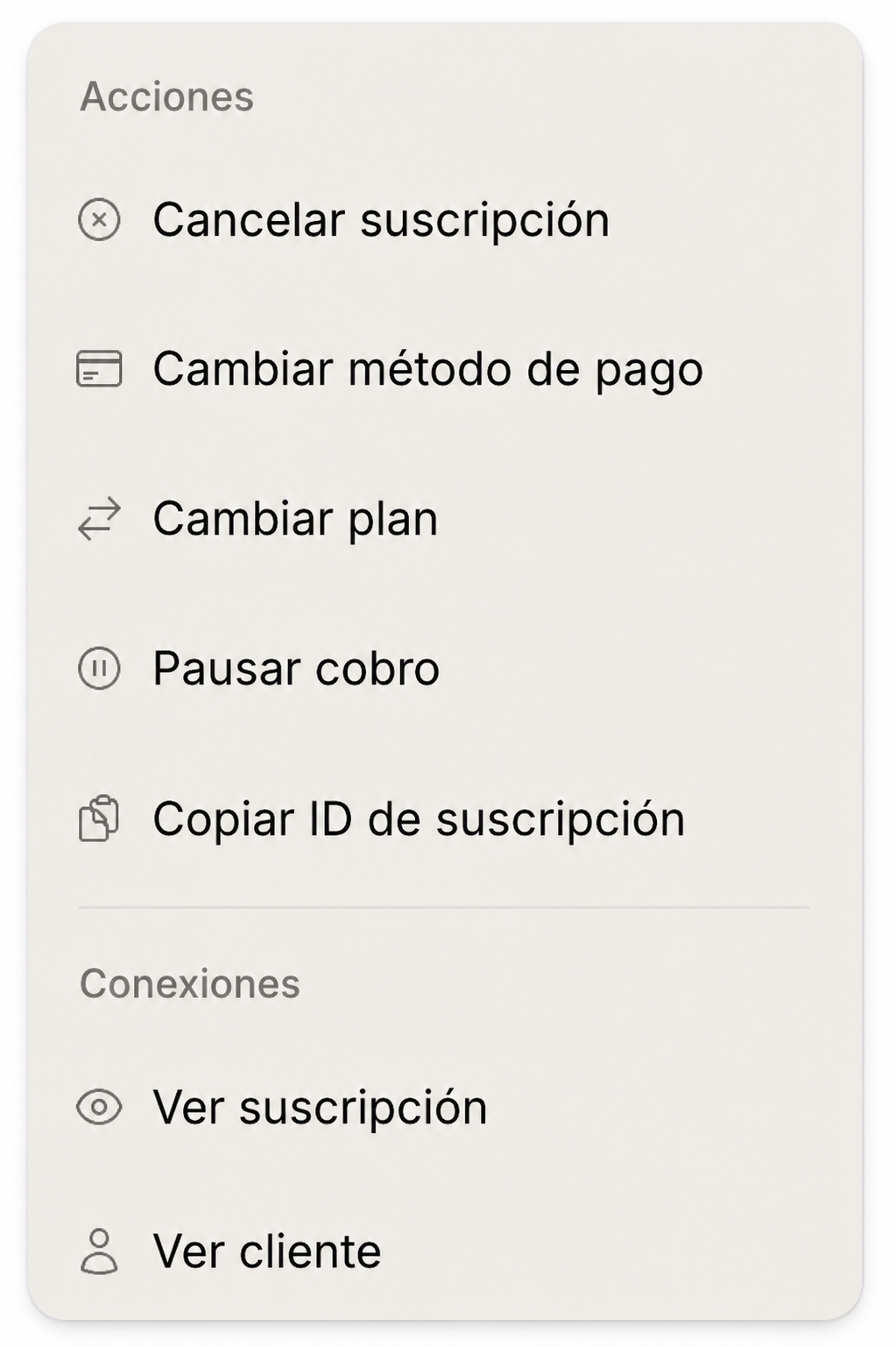 Acciones disponibles para una suscripción en Pharos